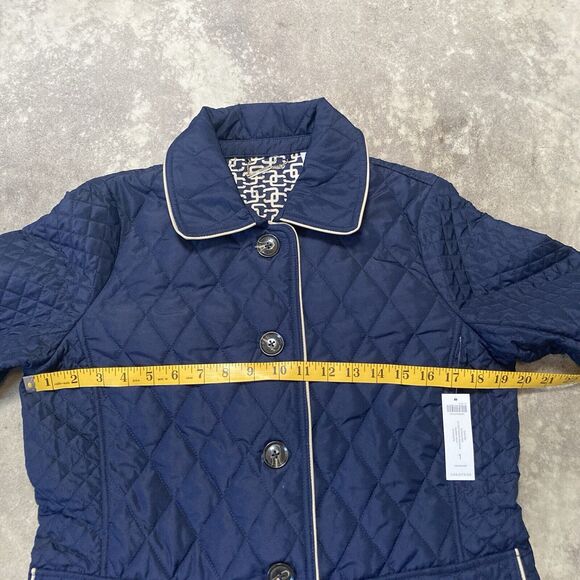 Chicos Jacket Womens 10 Clasic Navy Blue Quilted Elongated Outerwear Leather - Picture 3 of 14